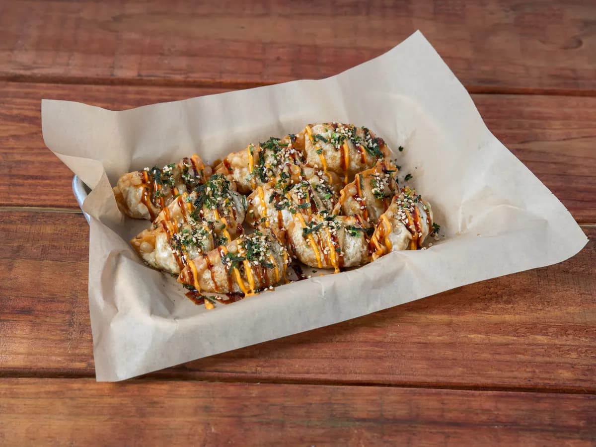 Umami mandu, crisp beef dumplings with furikake